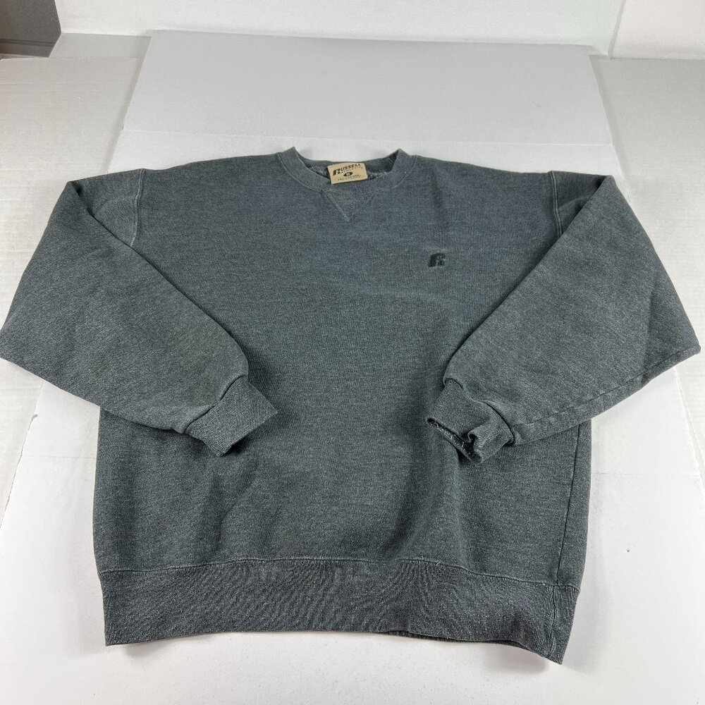 Y2K Russell Athletic Sweatshirt Medium Dark Grey Faded Blank Pullover Crewneck